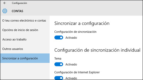 como sincronizar a miña configuración en windows 10?