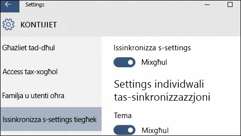 kif nissinkronizza s-settings tiegħi f'windows 10?