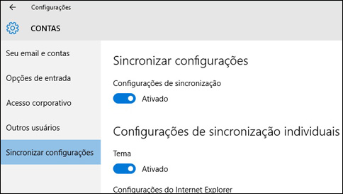 como sincronizo minhas configurações do windows 10?