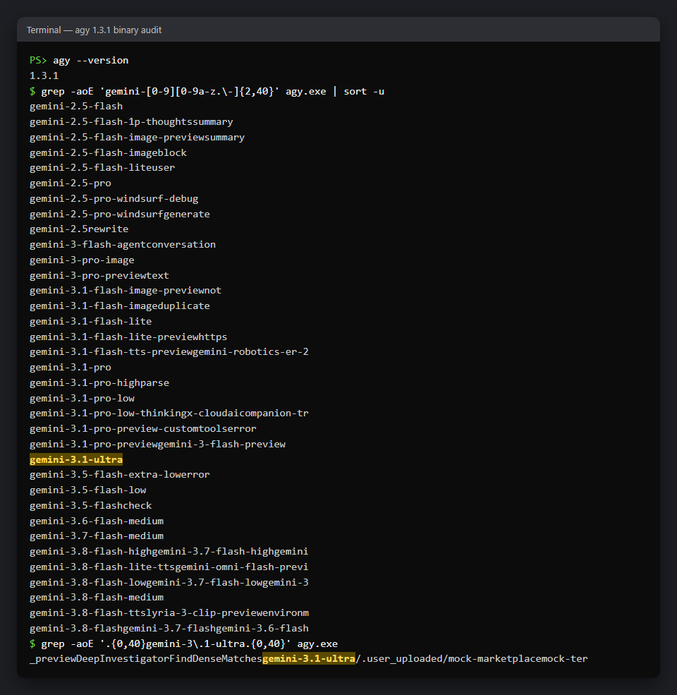 grep output of agy 1.3.1 showing the gemini-3.1-ultra string highlighted